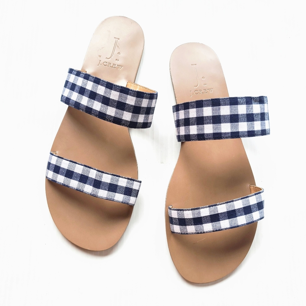 J CREW Boardwalk navy blue gingham plaid slide sandals size 9 - Picture 3 of 9
